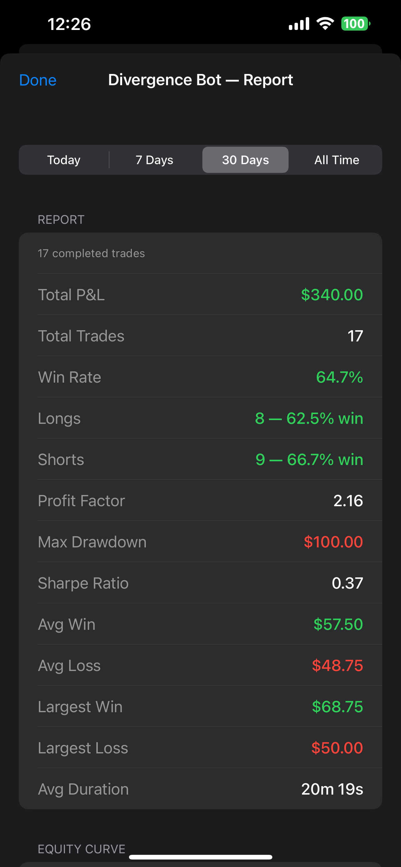 NexFutures bot trade report with win rate, Sharpe ratio, and P&L