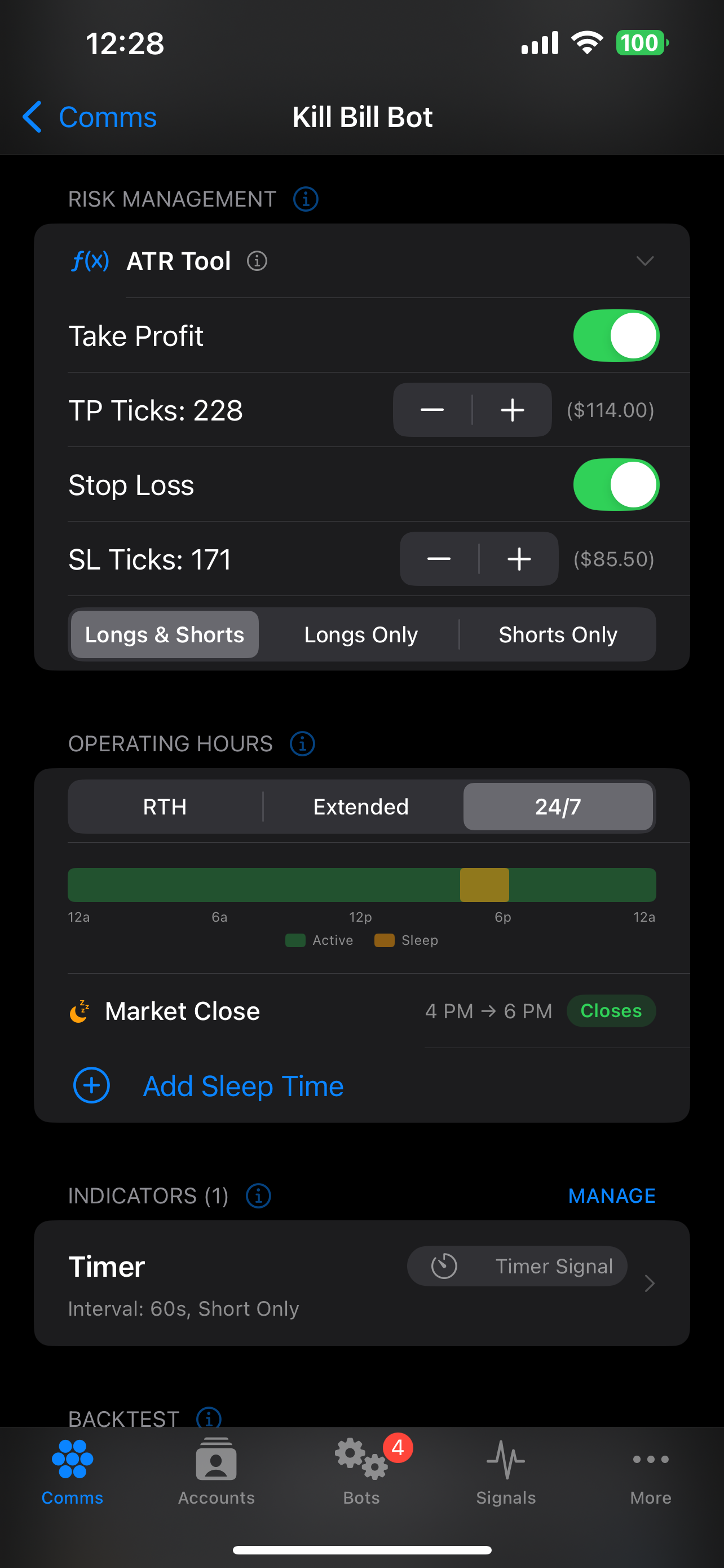 NexFutures bot settings with risk management, indicators, and operating hours